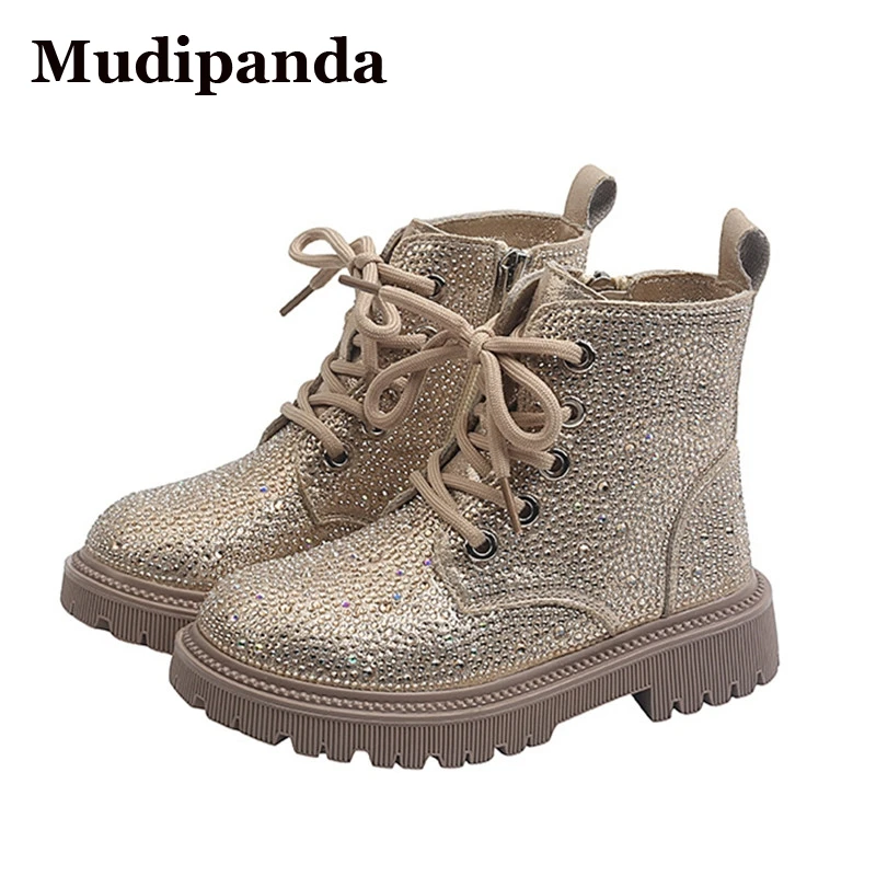 

Новинка, Детские блестящие ботинки Стразы, Ботинки Martin для девочек, осень 2021, ботинки с мягкой подошвой, однотонные ботинки для принцесс, дет...