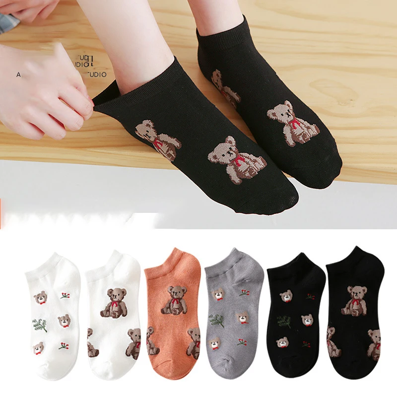 

Spring and Summer New Cute Cartoon 5 Bear Socks Sweet Invisible Lady College Style Personality Harajuku Solid Color Fun Indie