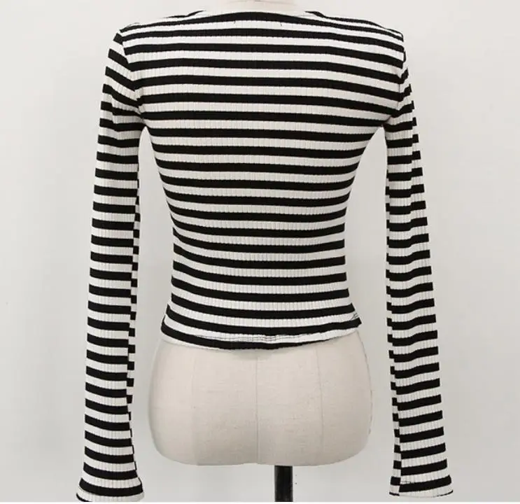 

French style spring autumn hit color striped long sleeve t-shirt women causal v-neck slim top tees
