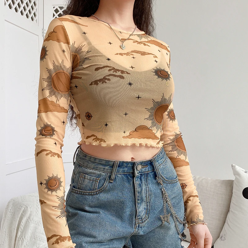 

2021 Summer Breathable Mesh Long Sleeve T-shirt Female Harajuku Transparent Crop Top Fashion Printed Streetwear Bottoming Tops