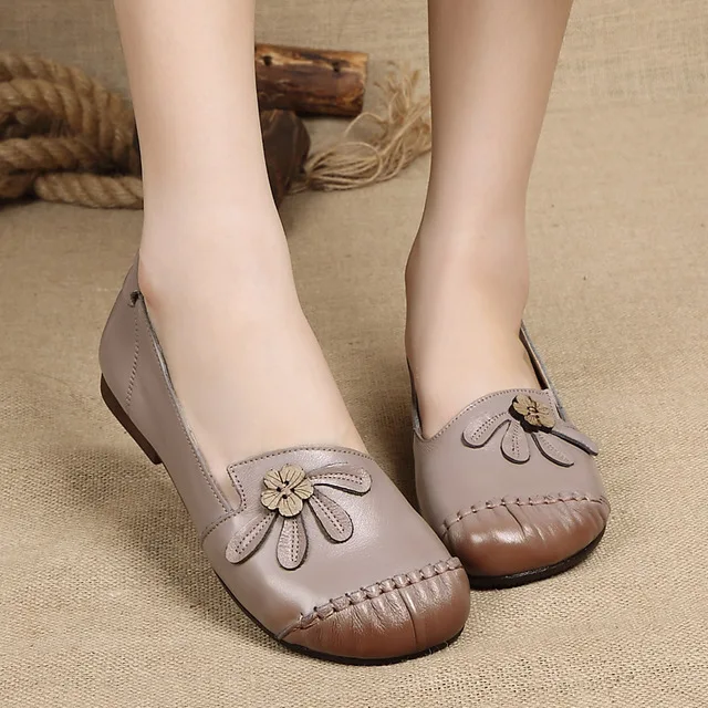 Лоферы женские в этническом стиле натуральный спилок круглый носок мягкая