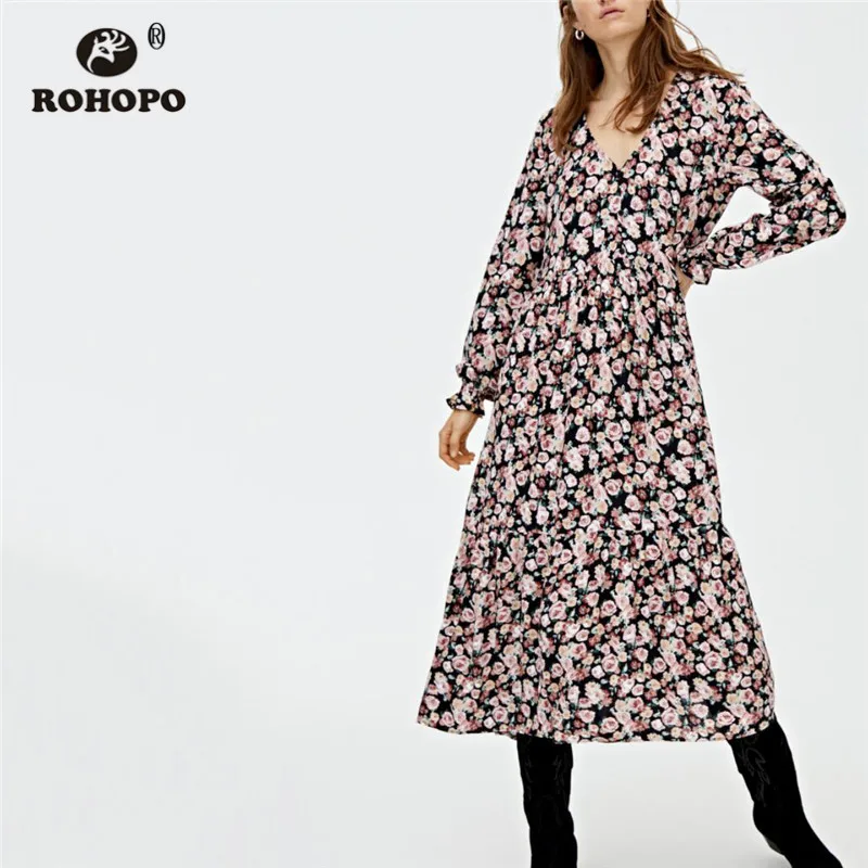 ROHOPO/розовое платье миди с цветочным принтом и розами топы v образным вырезом