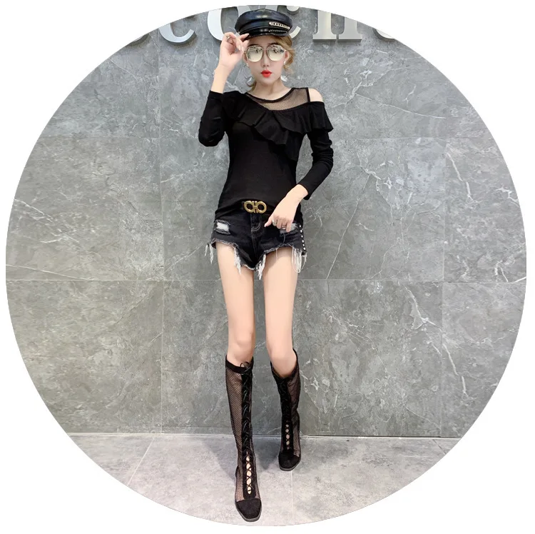 3726 Black Long Sleeve T Shirt Women One Shoulder Tops Spliced Ruffles Slim Stretch Sexy Nightclub Top Female Mesh Round Neck