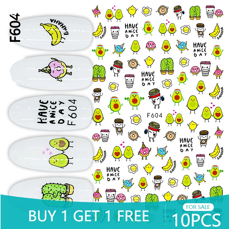 

10PCS Cactus Rainbow Cloud Nail Sticker Leaf Diamond Nail Slider Bee Fried Egg 3D Adhesive Nail Art Decoration Decal F604