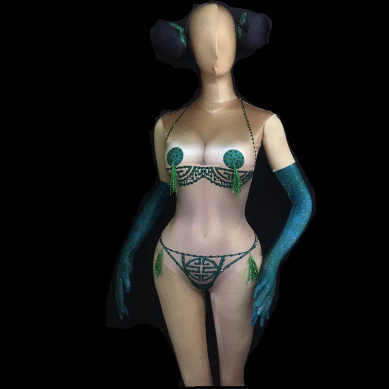 

Sexy Women Nightclub Bikini Print Rhinestones Jumpsuits Party Showgirl Skinny Bodysuits Women Stage Wear Pole Dancing Outfits