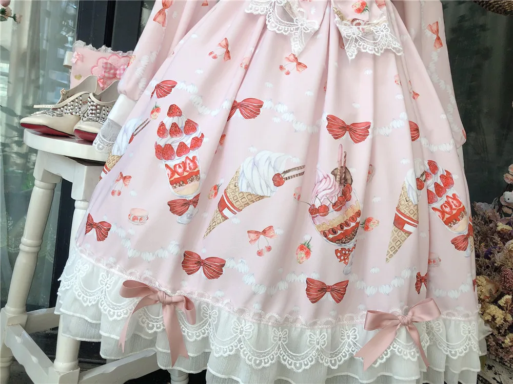 Милое женское платье принцессы с принтом клубники и десертов кружевное в стиле