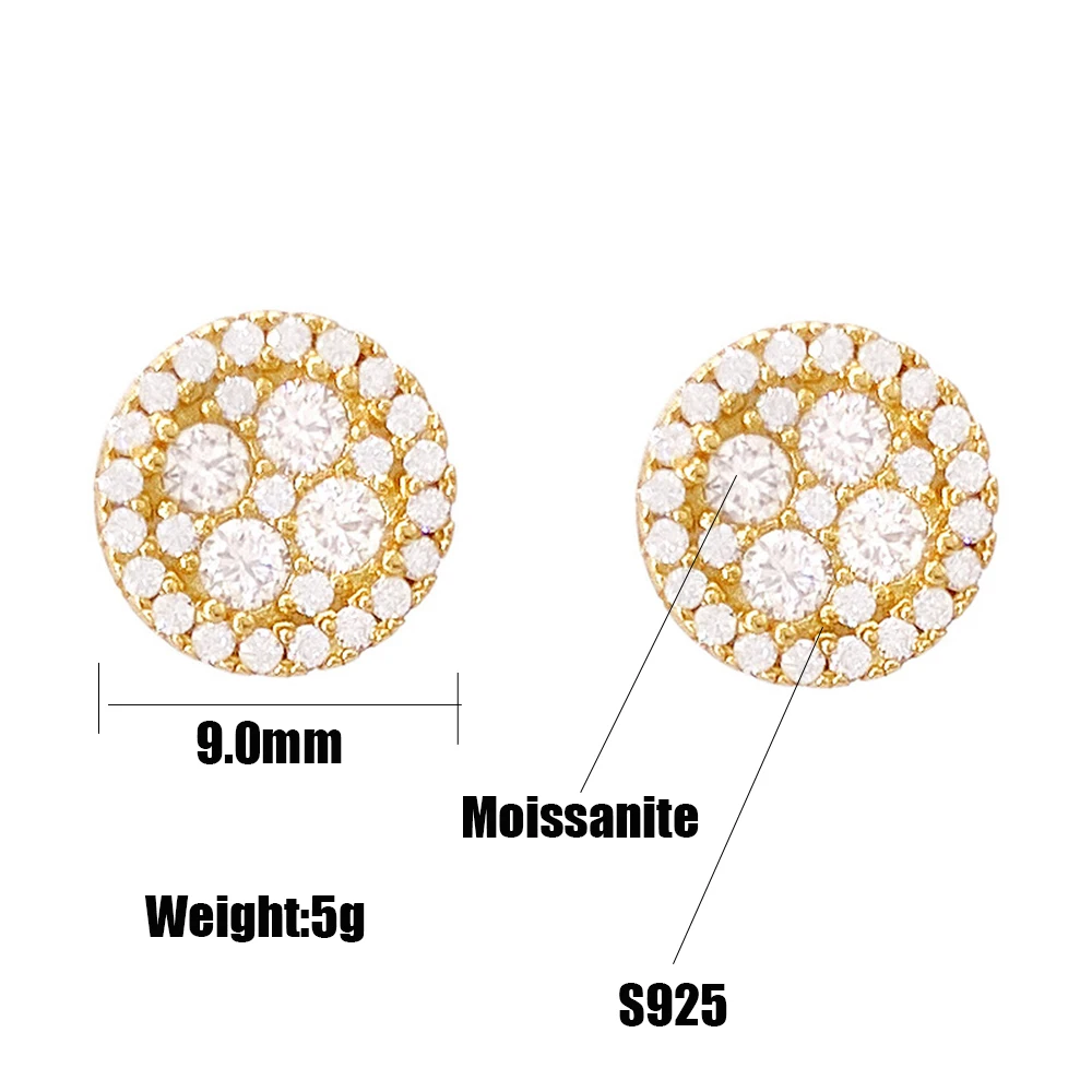 MM Moissanite Earrings Classic Round S925 Silver Real Diamond Iced Out Ear Studs For Women Men High-End Jewelry Pass Tester