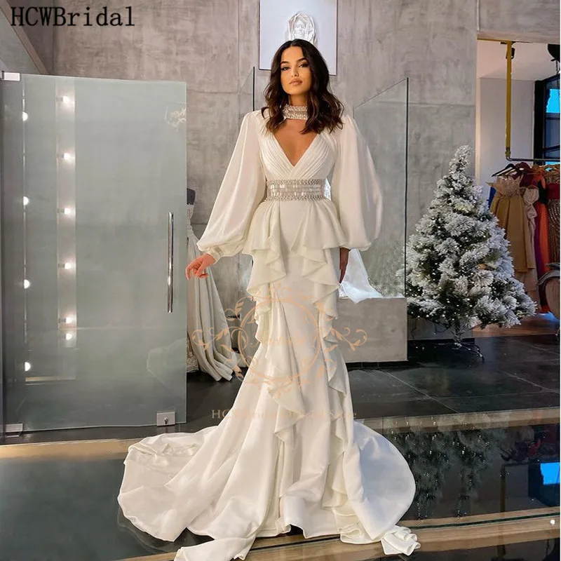 

White Long Sleeve Arabic Evening Dress Mermaid High Neck Crystal Dubai Prom Gowns Customize Women Formal Occasion Dresses