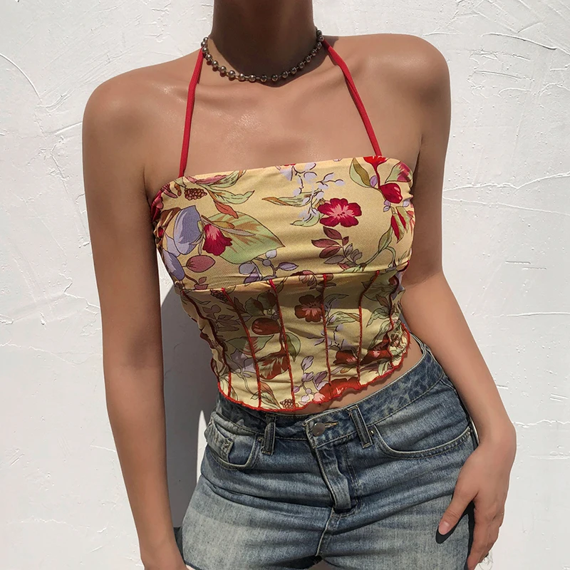

Streetwear Mesh Sexy Backless Cropped Tanks Camis Summer Floral Print Y2K Sleeveless Crop Top Tee Fashion 2000s Camisole Fashion