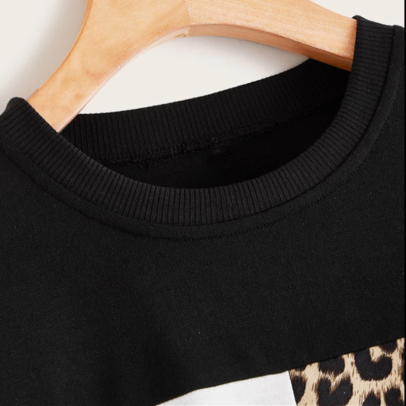 Dotfashion Black Casual Leopard Print Patchwork Sweatshirt Women Autumn Long Sleeve Sweatshirts Ladies Basic Sweatshirt