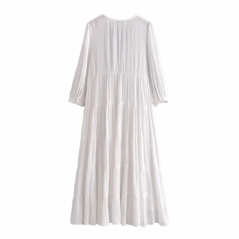 Za femmes d'été robes Oversize robe Midi bouton col V manches longues lâche femelle taille haute robes Patchwork décontracté 2021