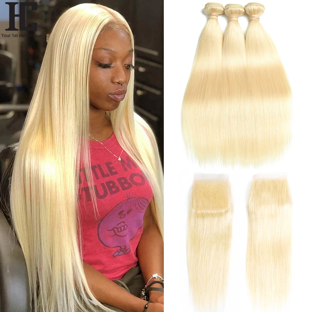 613 Blonde Straight Hair Bundles With 4x4 Closure Brazilian Straight 40 Inch Human Hair Weave 3 Bundles With HD Lace Closure