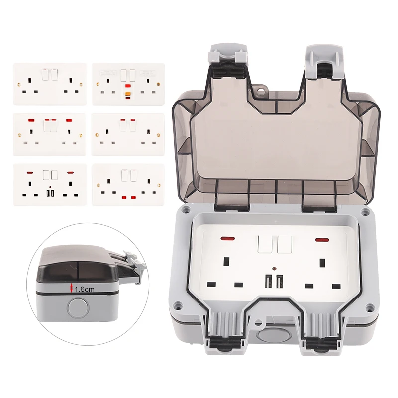 

IP66 AC 13A/110V-250V UK Standard Weatherproof Waterproof Outdoor Wall Power Socket Double Switch Socket With USB&Light Grounded