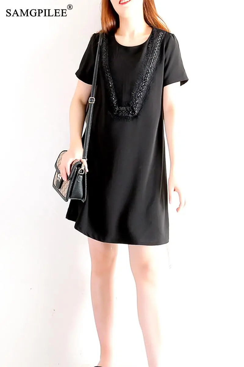 

Summer Dress For Women Office Lady A-line Solid Elegant Dress Short Sleeve Lace Plus Size Women Femme Robe O-neck Dresses Women