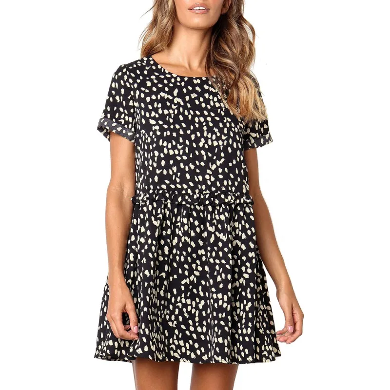 Женское летнее платье с коротким рукавом принтом рюшами свободное Повседневный