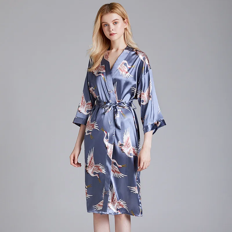 

Rayon Sleepwear Lady Long Sleeve Print Crane Kimono Bathrobe Gown Nightgown Clothes Nightwear Intimate Lingerie Sexy Homewear