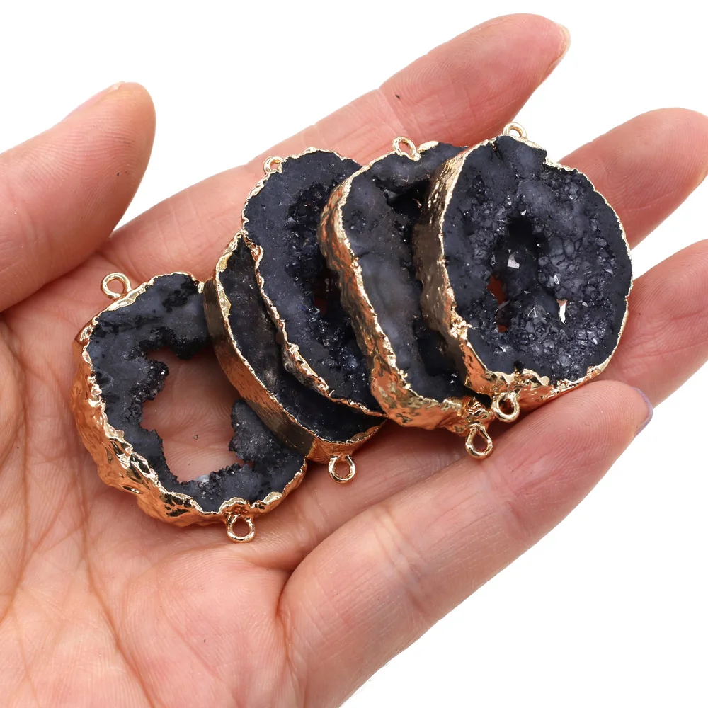 

Natural Black Druzy Pendants Gold plated Double hole Connector for Necklace Bracelet Jewelry Accessories DIY Women Gifts