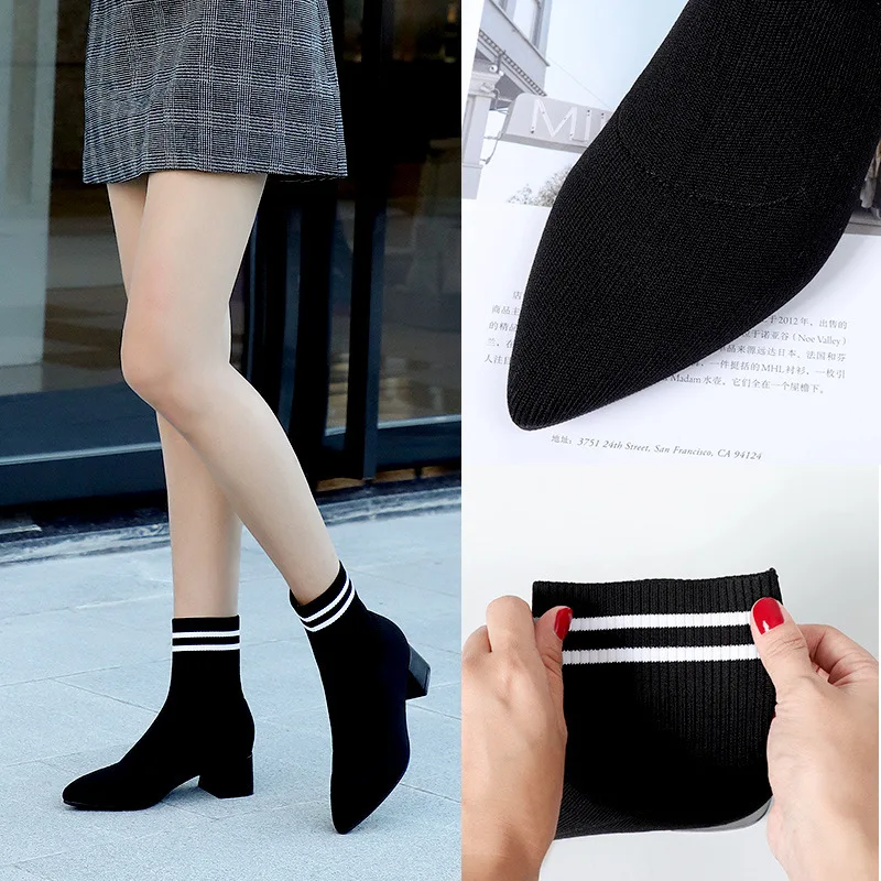 2019 г. эластичные ботильоны женская обувь эластичная ткань на квадратном каблуке