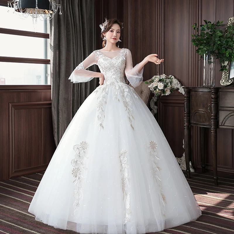 

Vestido De Noiva 2022 O-neck Flare Sleeve Wedding Dress Lace Embroidery Simple Wedding Gowns Custom Made Princess Bride Dress
