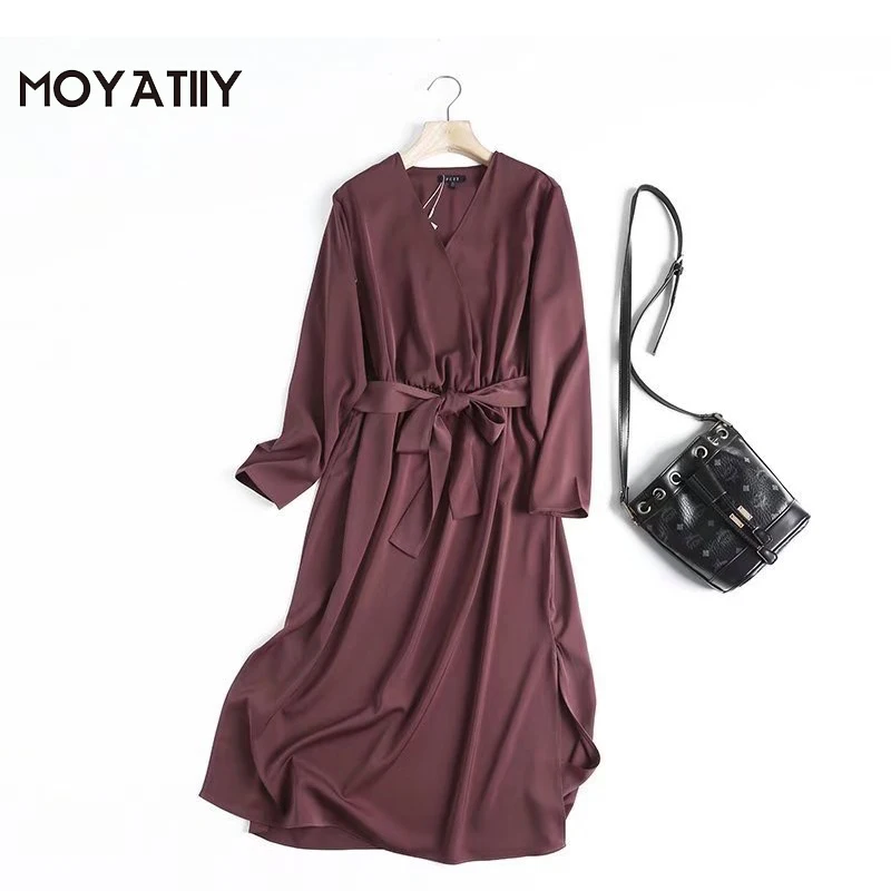 

MOYATIIY женское 2022 модное однотонное атласное платье с вырезом лодочкой элегантные высококачественные платья средней длины с длинным рукавом...