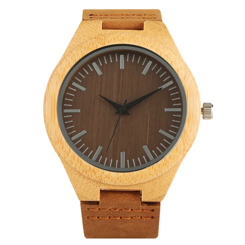 

Minimalist Wood Watch Mens Nature Bamboo Round Case Men's Quartz Watches Analog Display Genuine Leather Strap Clock Reloj Gift