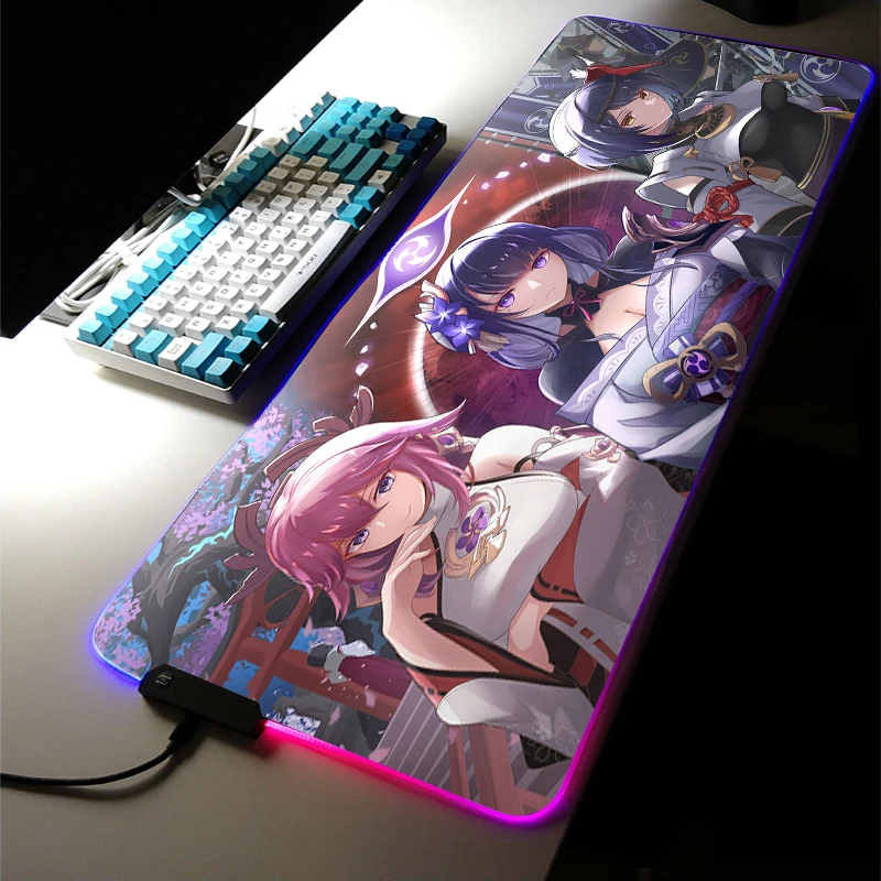 

Large RGB LED Genshin Impac Mouse Pad Baal Shogun Rugs Game Gamer Gaming Mousepad Keyboard Computer Anime Girl Desk Mat for CSGO