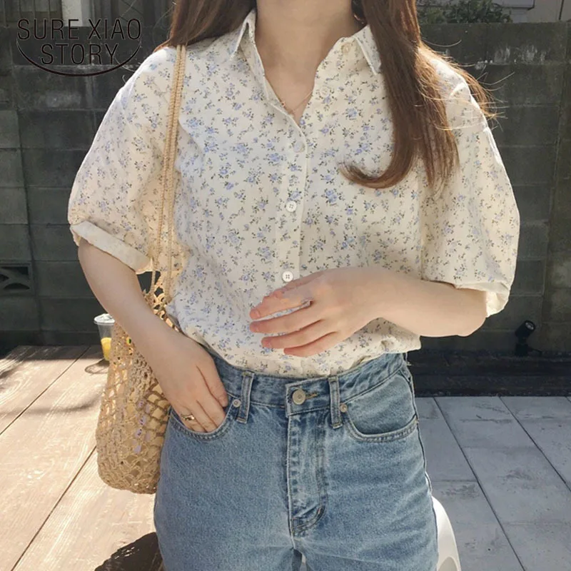 

Women Fresh Floral Short Sleeves Summer Chic 2020 Casual Hot Fresh Brief Lapel Loose High Street Feminine Shirts Blusas 10356