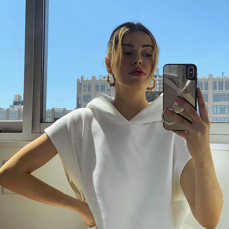 Толстовка Женская однотонная Повседневная свободный худи без рукавов свитшот с