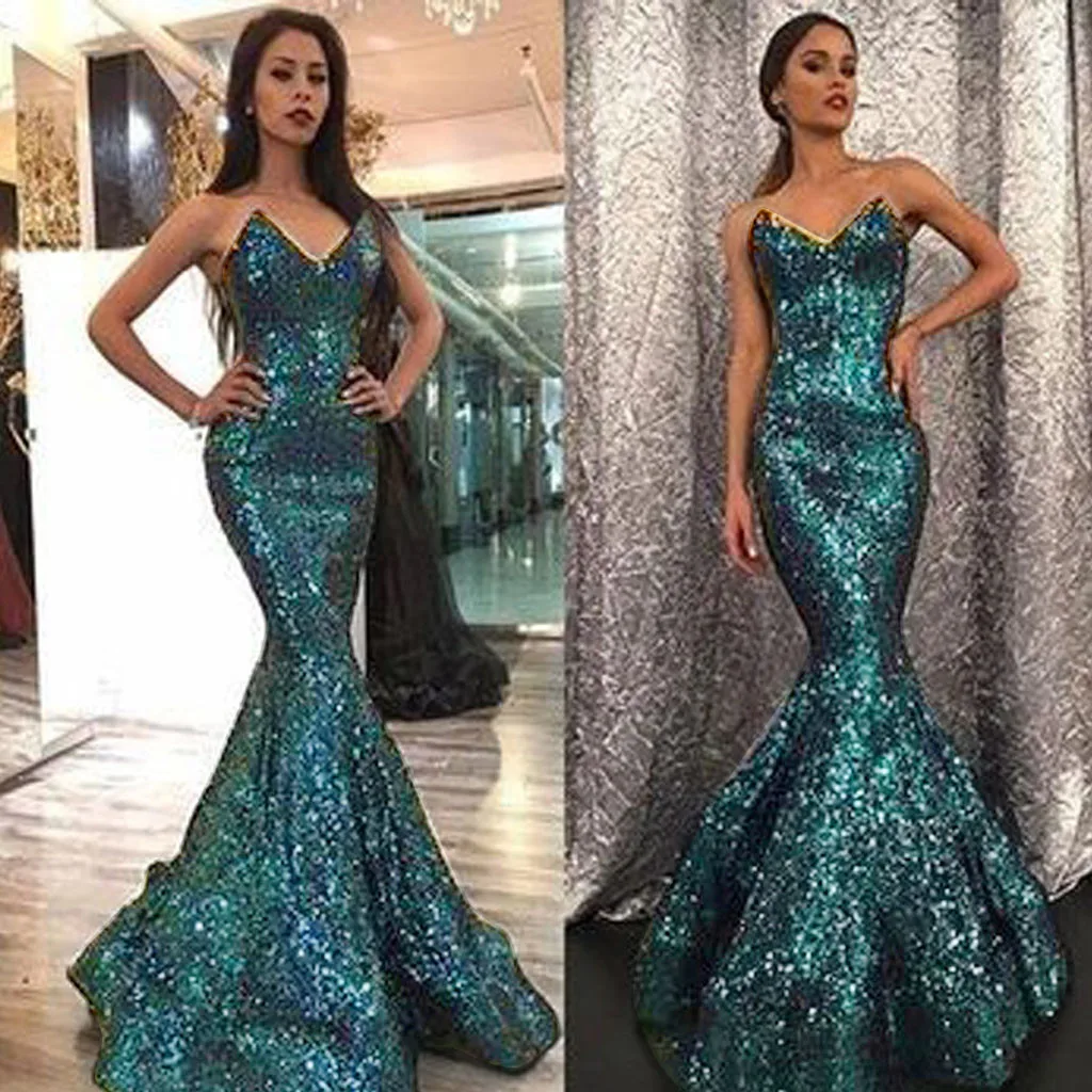 Женское вечернее платье русалка однотонное золотистое с блестками вечерние