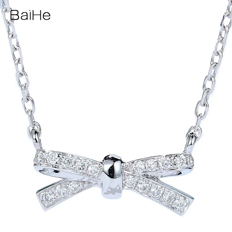 

BAIHE Solid 18K White Gold 0.08ct H/SI Natural Diamond Bowknot Necklace Women Clavicle Chain Fine Jewelry Making ネックレス قلادة
