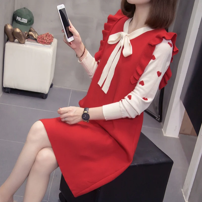 

Женское трикотажное платье с принтом, свободное платье-свитер с длинным рукавом и воротником-бантом, осень