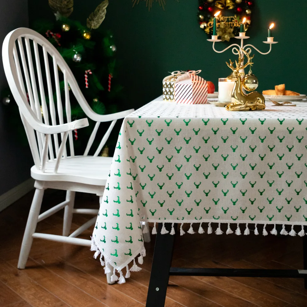 Простая зеленая скатерть с рождественским лосем бежевая льняная хлопковая