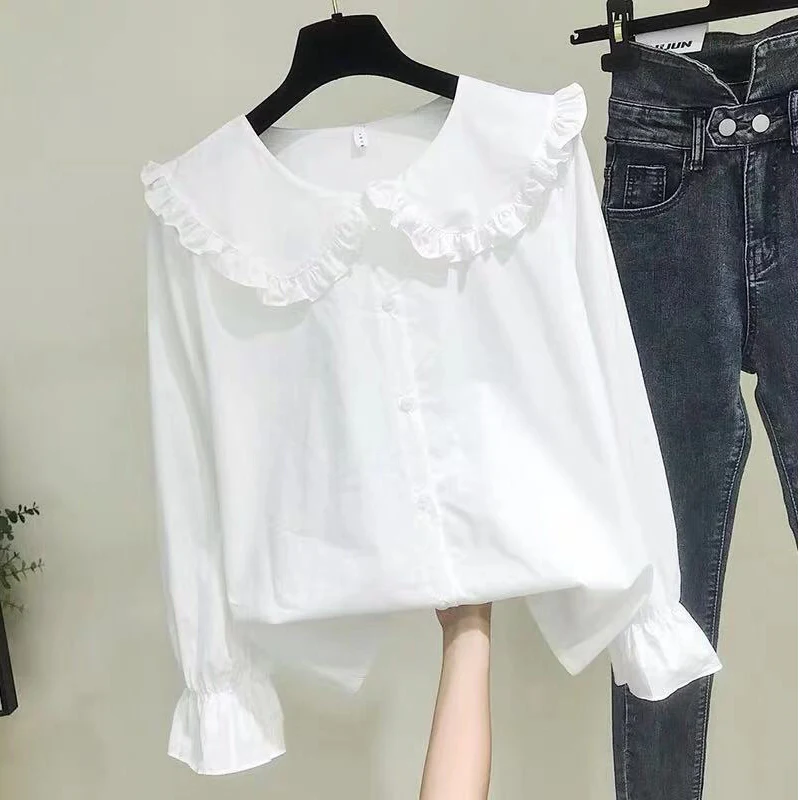 

Women's Solid Simple Korean Shirts Peter pan Collar Single Breasted Female Shirt 2021 New Trendy Girls Casual Sweet Tops Clothes
