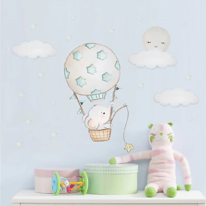 

Cartoon Hot air balloon Elephant Wall Stickers for Kids rooms Baby room Nursery Wall Decor Vinyl Wall Decals Clouds Stars Moon