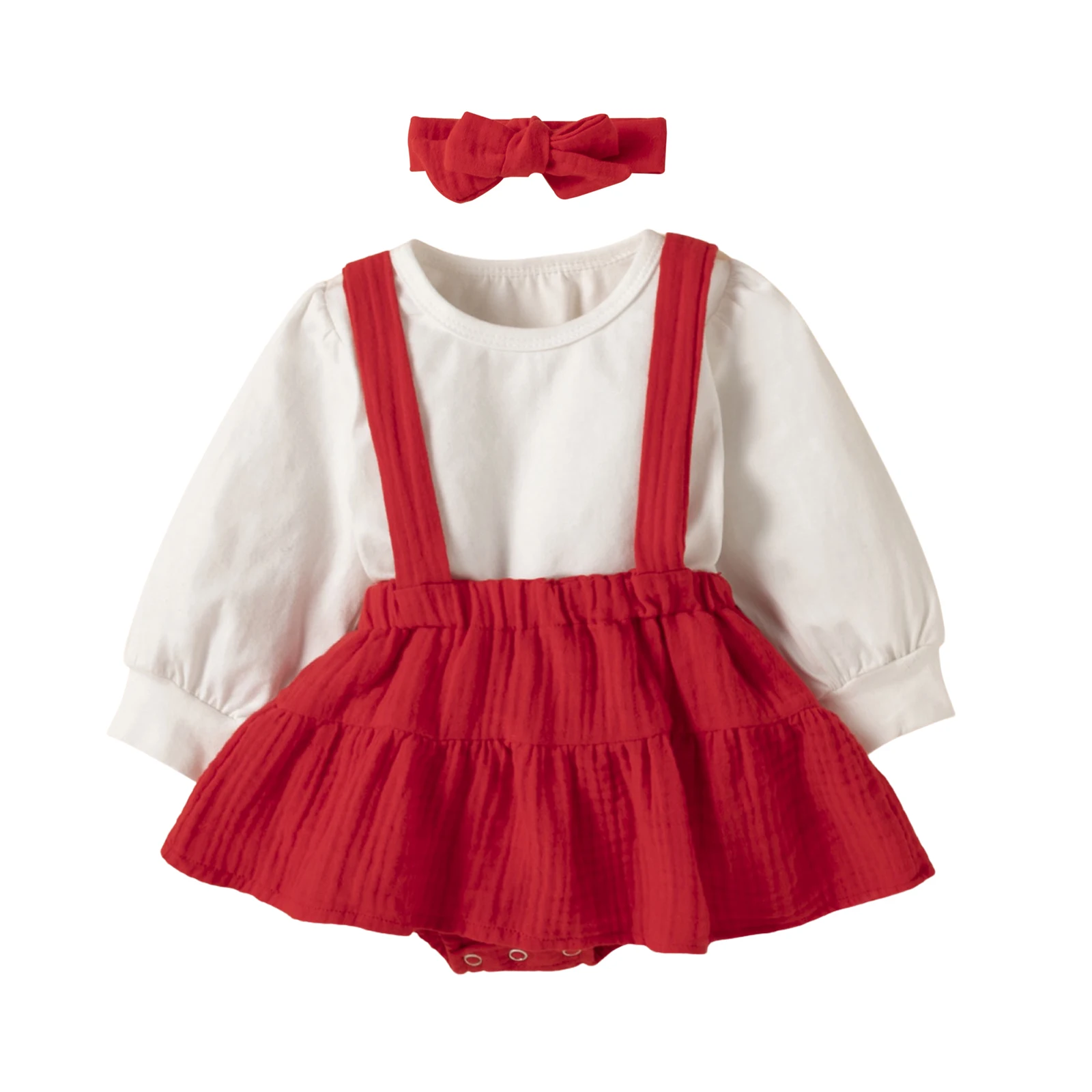 

0-24 Months Full Sleeve Baby Girls Three-piece Clothes Set, Solid Color Pullover, Suspender Dress and Bow Knot Headdress