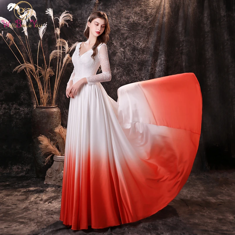 Вечерние платья с длинными рукавами, новинка 2020, бело-оранжевое платье для помолвки, кружевное атласное платье с v-образным вырезом, ТРАПЕЦИ...
