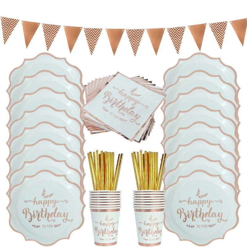 

74pcs/set Rose Gold birthday Tablewares decorations Napkin Cup Plate Disposable Adult Birthday Party Decor Wedding Tableware