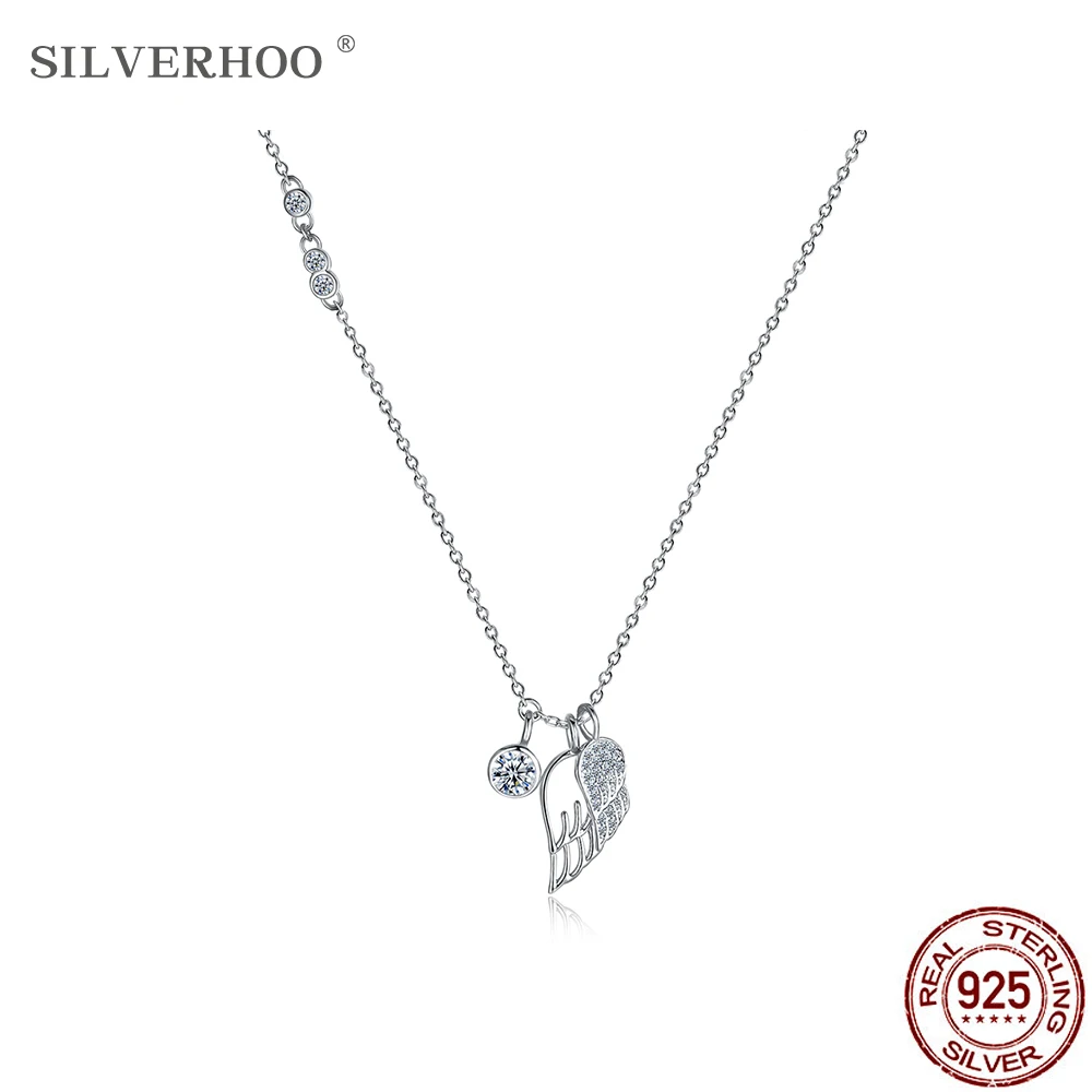 

SILVERHOO 925 Sterling Silver Angel Wing Pendant Necklaces For Women Shiny Cubic Zirconia Necklace Charms Anniversary Jewelry