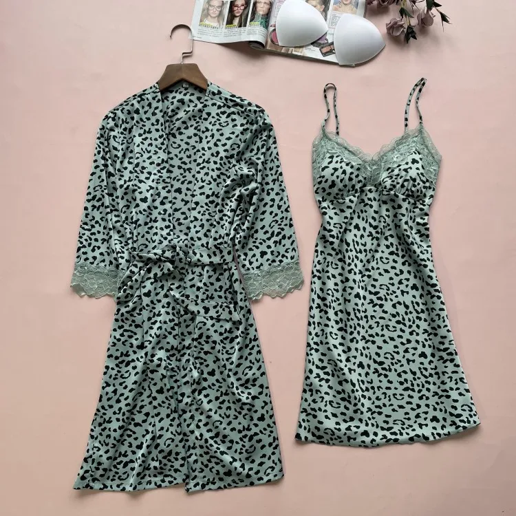 

Summer New Nightwear Pink Casual Bathrobe Gown 2PCS Robe Set Female Sleepwear Satin Sexy Home Clothing Intimate Lingerie