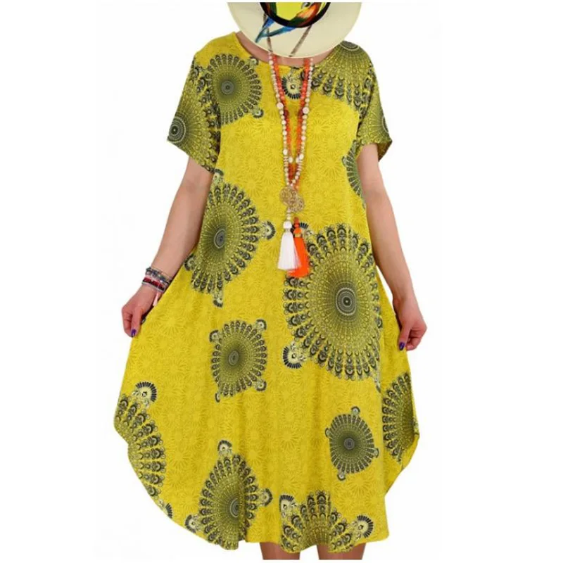 

Women Summer Dress 2021 Printing Dot Dress Plus Size Casual Loose Short Sleeve Irregular Long Knee-Length Dress