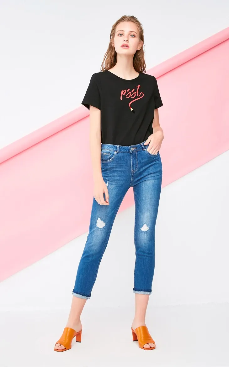 Vero Moda Новое поступление женские потертые манжеты закатывающиеся облегающие 96% хлопковые укороченные джинсы | 318349537
