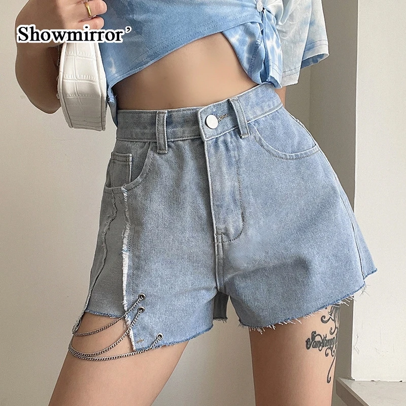 

Showmirror Casual Cotton Jeans Shorts Women With Chains Summer High Waist Denim Short Pants Capris Harajuku Korean 2021 SH33577