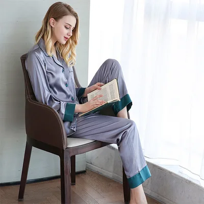 Женские атласные шелковые пижамы с длинным рукавом комплект ночного белья для