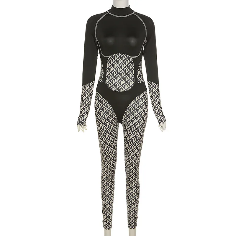 

Sibybo Black Print Patchwork Sexy Romper Women Long Sleeve Zipper One Piece Jumpsuits 2021 High Waist Skinny Streetwear Overalls