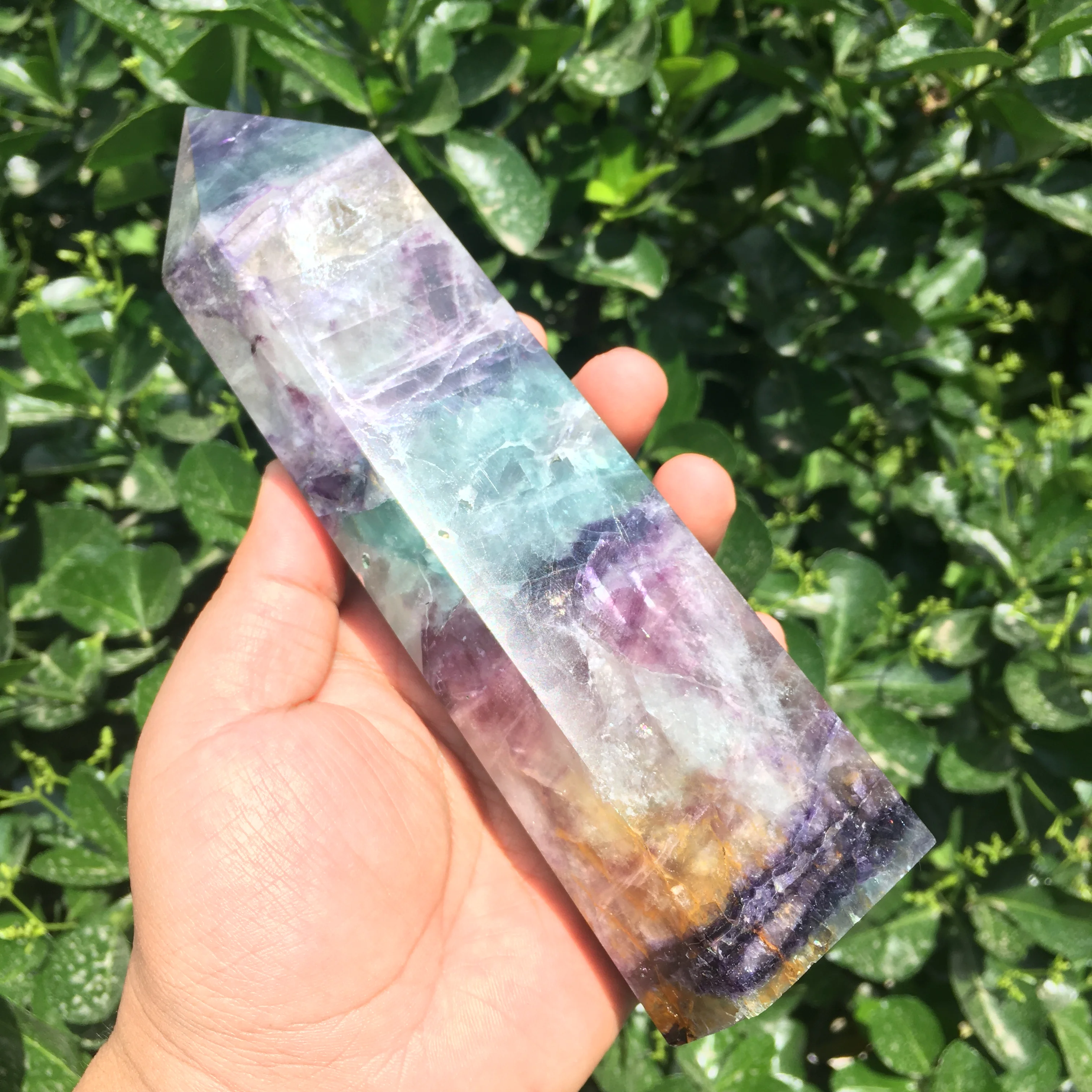 

Natural fluorite colored crystal obelisk wand tip healing tower six prism