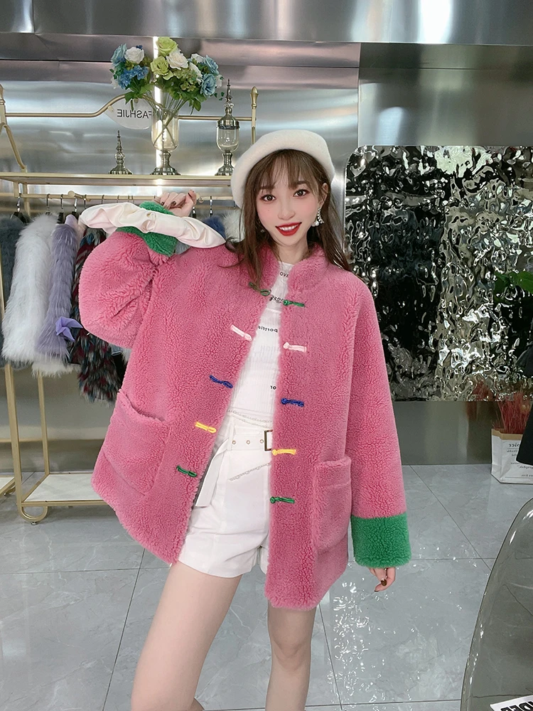 Winter Chinese Style Women's High Quality Pink Color Wool Fur Leather Coat C710