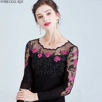 wireless age t shirt women long sleeve round neck lace mesh embroidery flowers slim commute womens tops new summer fashion wild