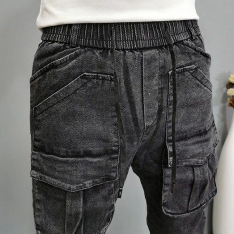 

Spring and summer new trend Korean version of multi-pocket solid color feet jeans men's harness feet Harlan pants