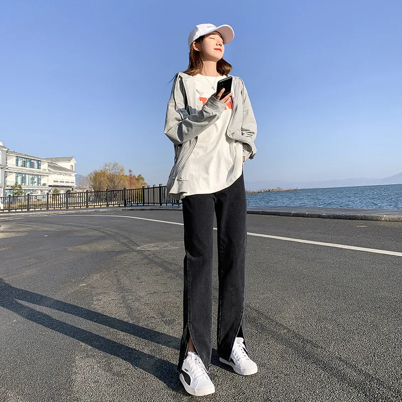 

Women Jeans Solid Wide Leg Side-slit Vintage Washed High Waist Simple Streetwear Stylish Casual Ladies Trousers Chic New