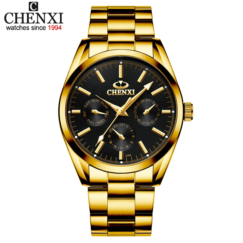 

Часы наручные CHENXI Мужские кварцевые, брендовые Роскошные модные золотистые, из нержавеющей стали с IPG, подарок для мужчин